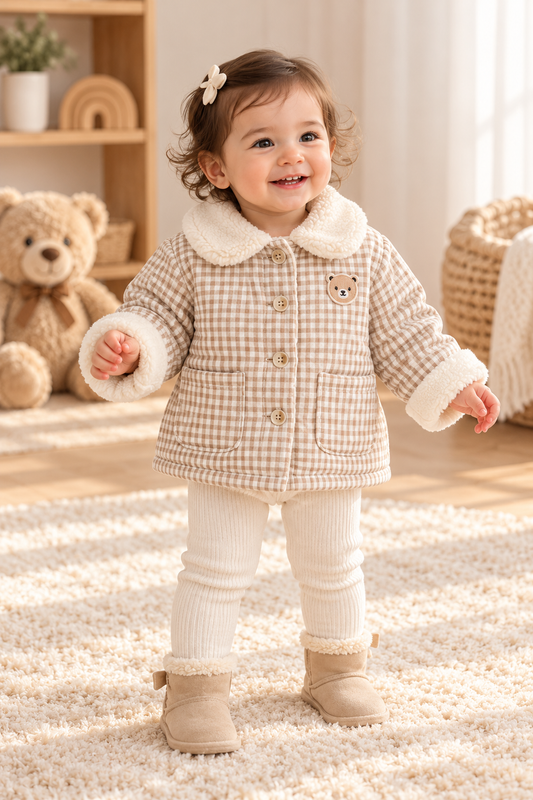 Baby Bear Gingham Winter Jacket – Beige Checkered Coat with Plush Sherpa Collar