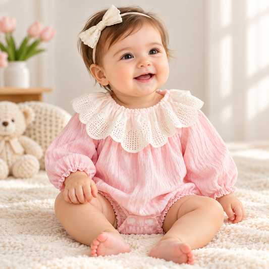 Baby Girl Textured Romper with White Lace Collar – Long Sleeve Bubble Jumpsuit