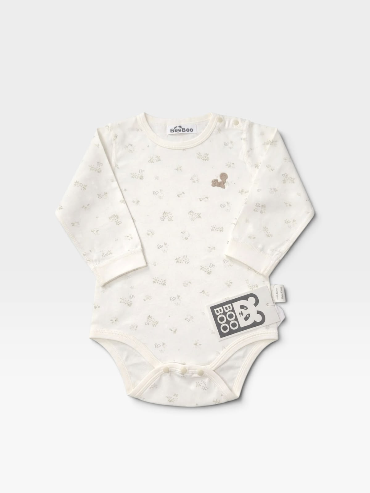 Ivory Forest Short Romper - Full front view with Boo Boo tag on grey background
