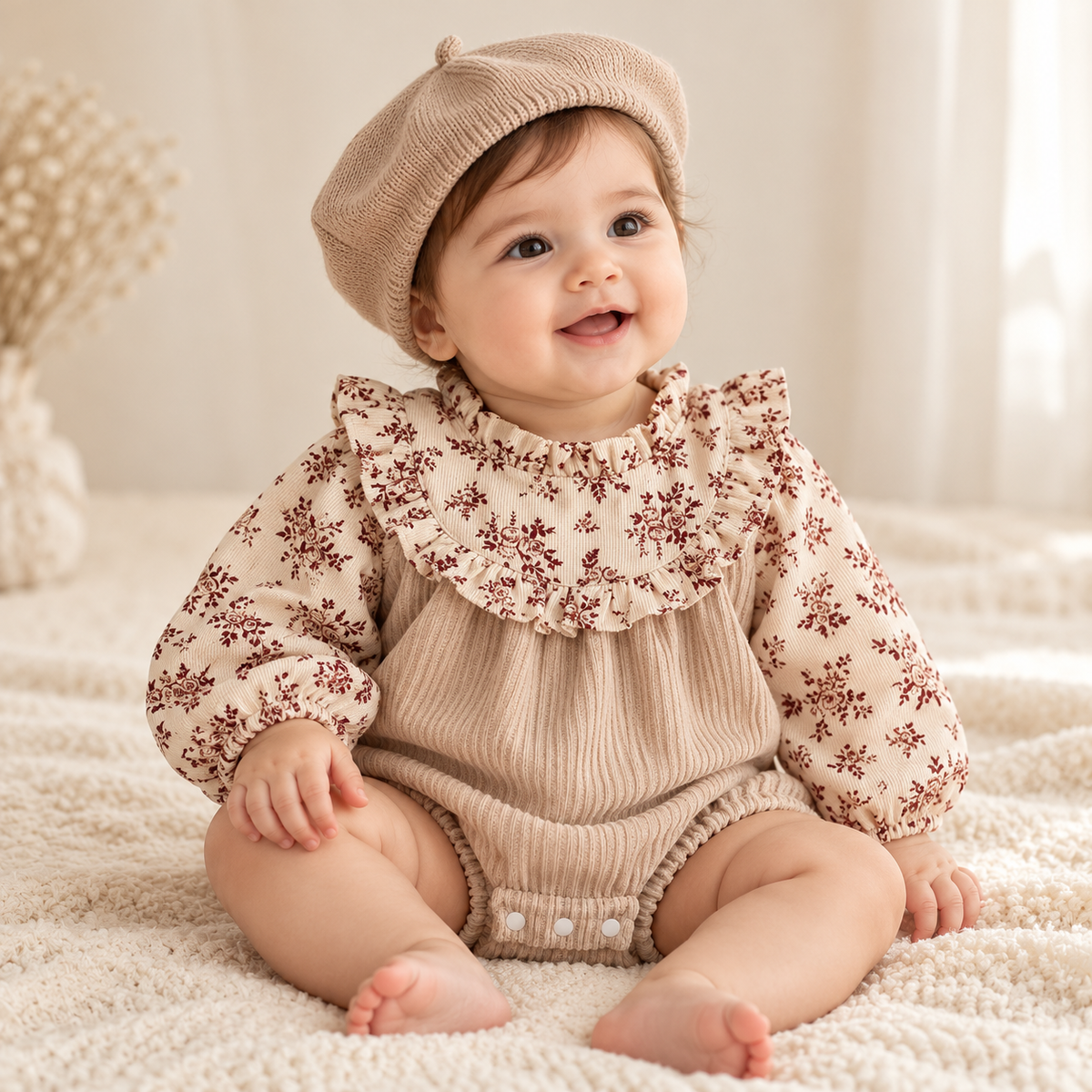 Baby Girl Floral Corduroy Romper with Ruffle Collar & Matching Bonnet