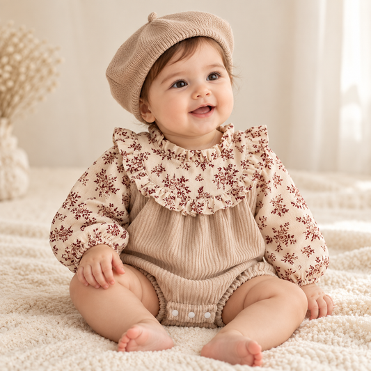 Baby Girl Floral Corduroy Romper with Ruffle Collar & Matching Bonnet