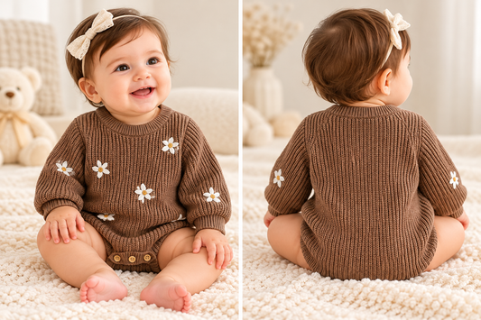 Baby Knit Romper with Daisy Flower Embroidery – Long-Sleeve Button-Closure Jumpsuit