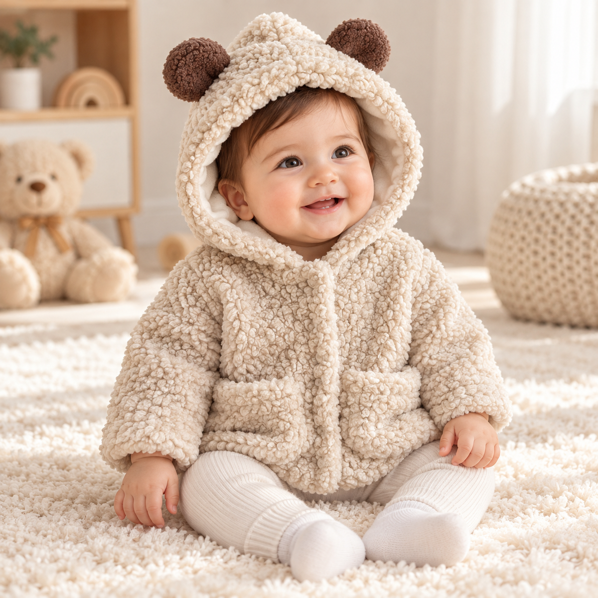 Baby Bear-Ear Hooded Teddy Fleece Jacket – Beige Sherpa Winter Coat