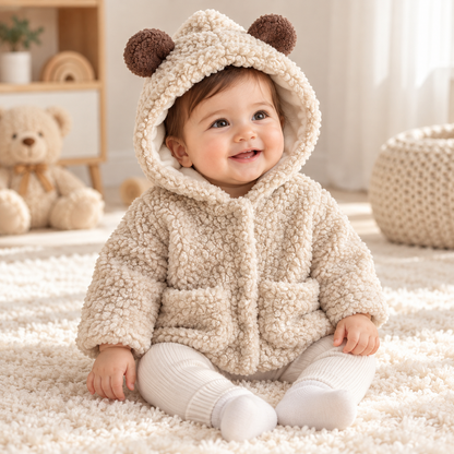 Baby Bear-Ear Hooded Teddy Fleece Jacket – Beige Sherpa Winter Coat
