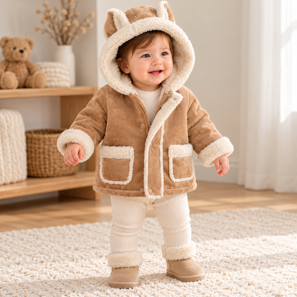 Baby Bear Hooded Winter Jacket – Camel Brown Faux Shearling Coat with Cream Trim