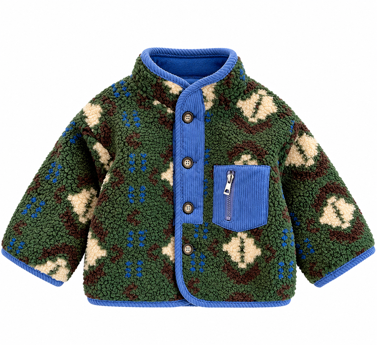 Baby Green Sherpa Fleece Jacket – Blue Trim Button-Front Winter Coat