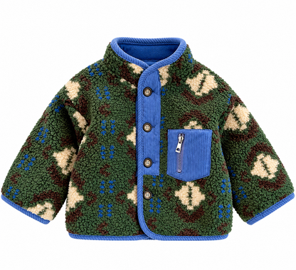 Baby Green Sherpa Fleece Jacket – Blue Trim Button-Front Winter Coat
