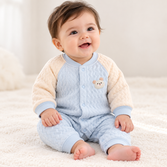 Baby Unisex Quilted Sleepsuit – Long-Sleeve Footless Romper with Cute Bear Detail