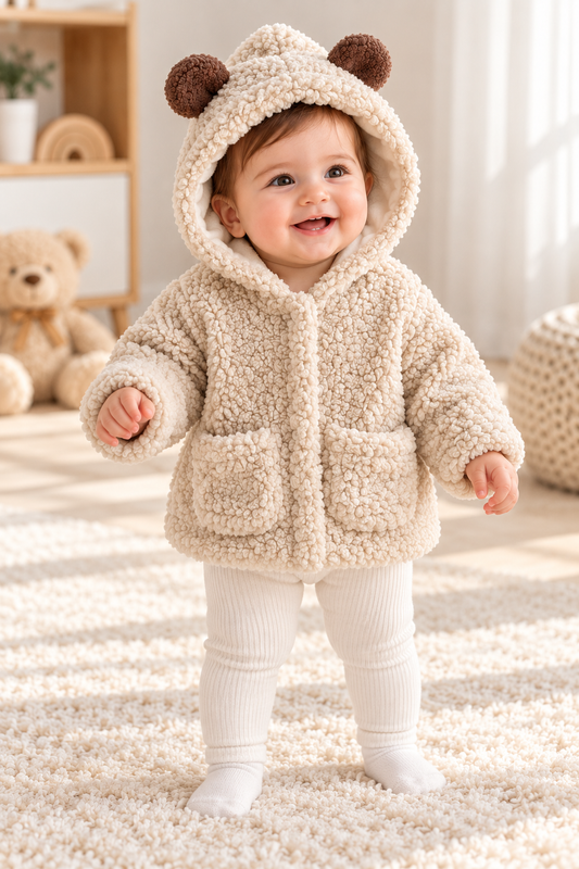 Baby Bear-Ear Hooded Teddy Fleece Jacket – Beige Sherpa Winter Coat