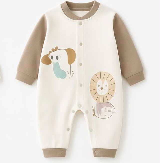 Mocha Pub Baby Romper - Front view with dog and lion print