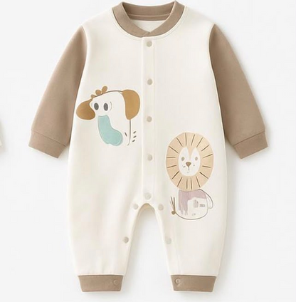 Mocha Pub Baby Romper - Front view with dog and lion print