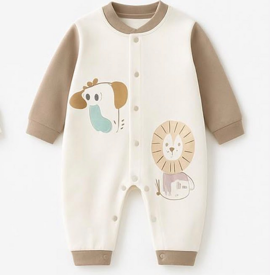Mocha Pub Baby Romper - Front view with dog and lion print