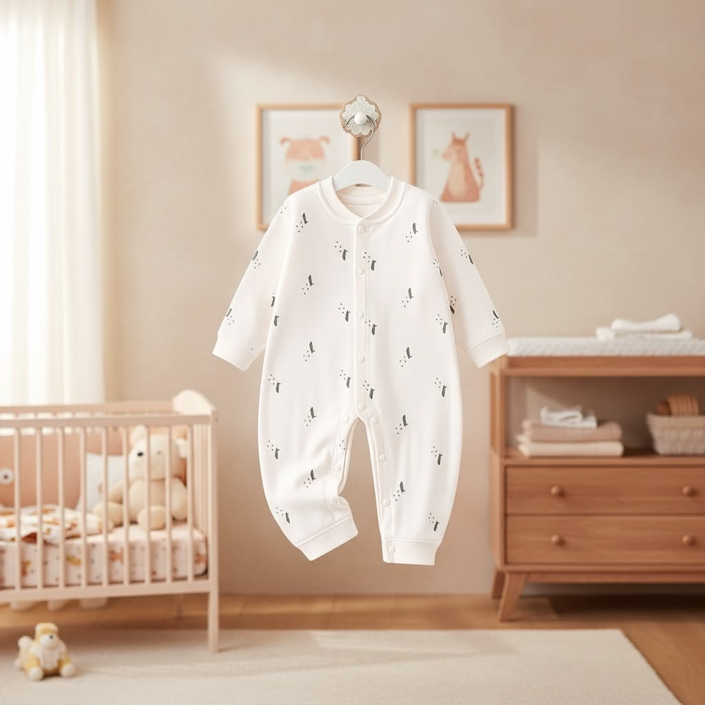 Leafy Forest Baby Romper - Lifestyle nursery shot