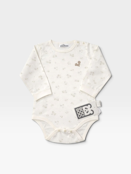 Ivory Forest Short Romper - Full front view with Boo Boo tag on grey background