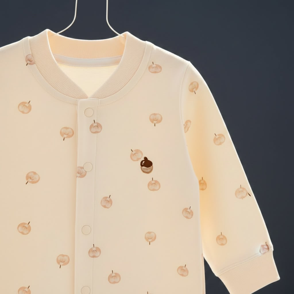 Sweet Peach Baby Romper - Close-up of apple print and cupcake embroidery on dark background