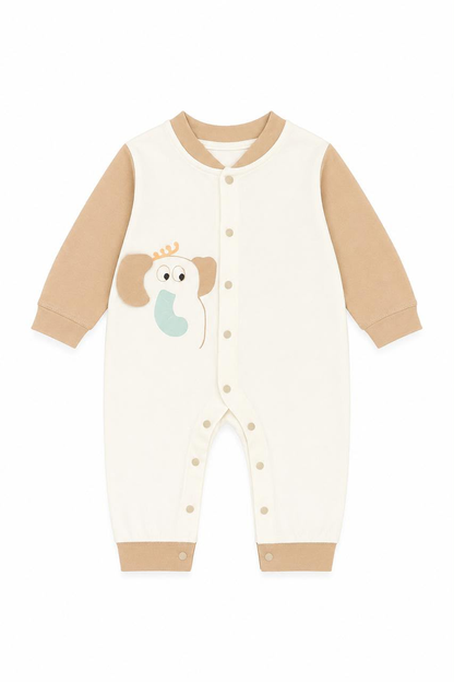 Mocha Pub Baby Romper - Front view with elephant dog illustration