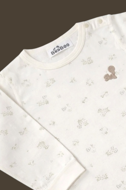 Ivory Forest Short Romper - Front close-up showing squirrel embroidery and print