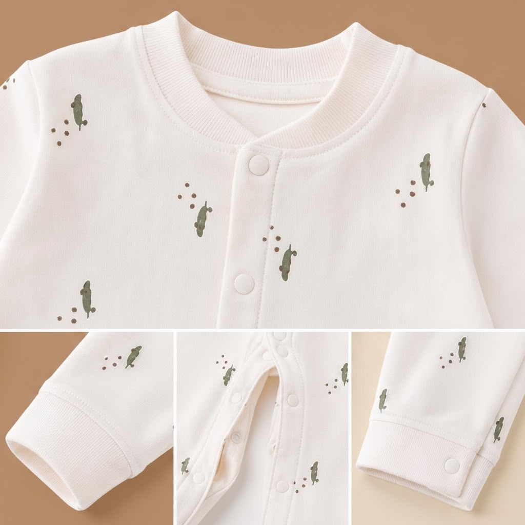 Leafy Forest Baby Romper - Detail shots showing snaps and cuffs