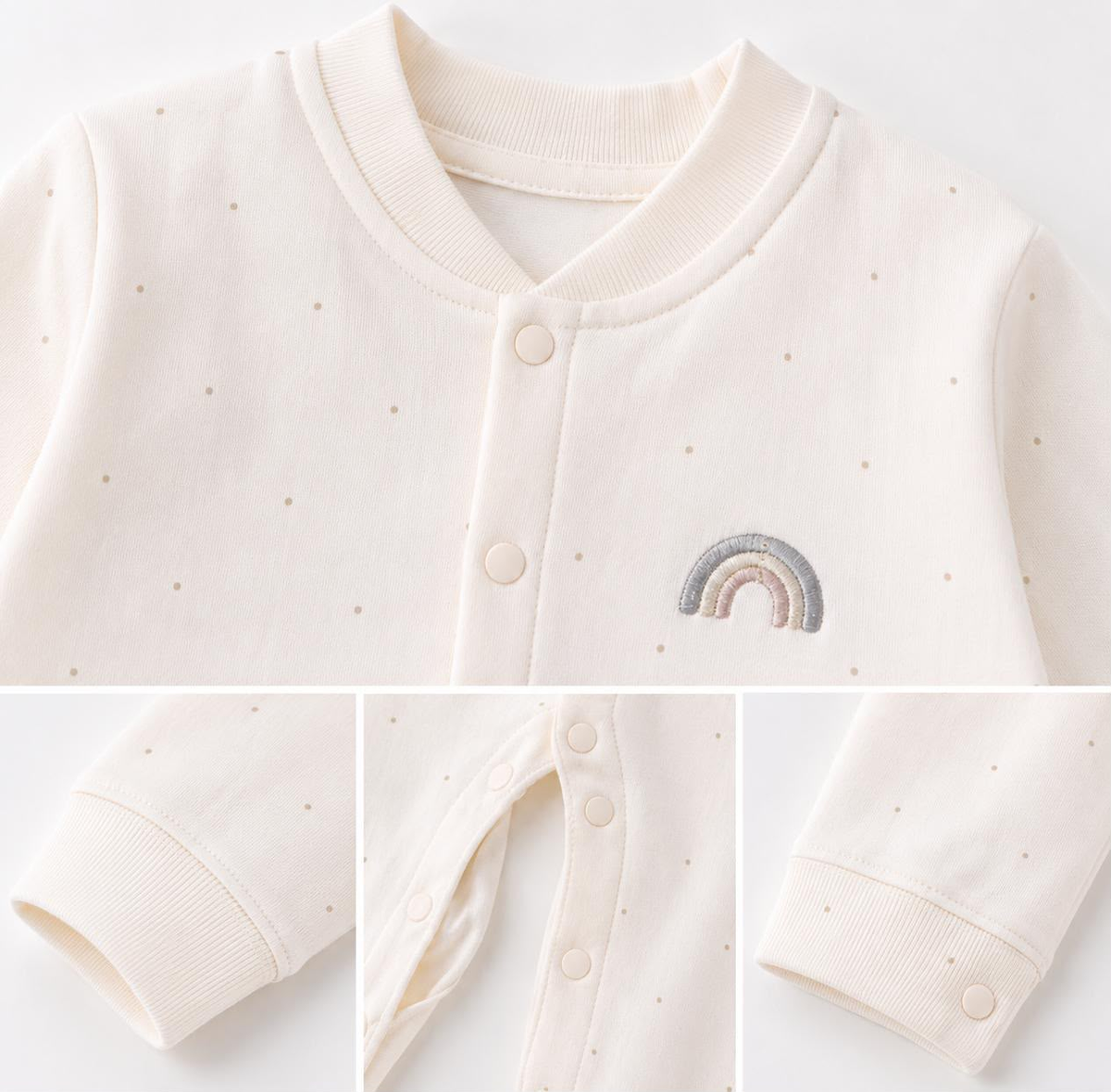 Rainbow Snuggle Baby Romper - Detail shots of cuffs, snaps and rainbow