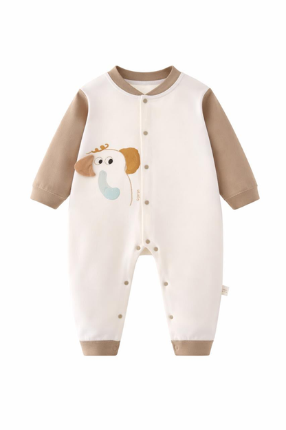 Mocha Pub Baby Romper - Side view with dog illustration
