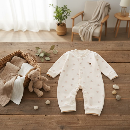 Sweet Peach Baby Romper - Lifestyle flat lay on wooden table with teddy bear
