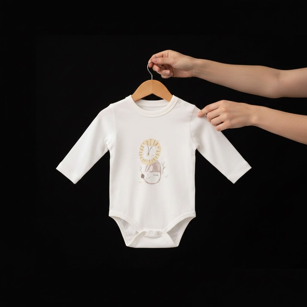 Sky Lion Short Romper - Hanger lifestyle shot on black background showing lion illustration