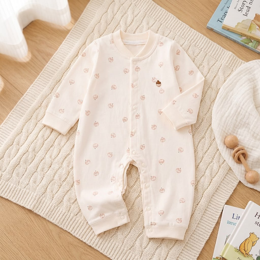 Sweet Peach Baby Romper - Full front view laid flat on nursery rug