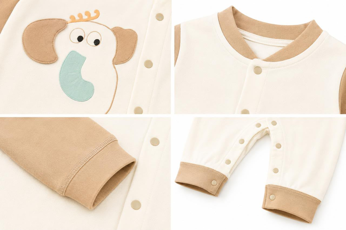 Mocha Pub Baby Romper - Detail shots showing snaps, collar and cuffs