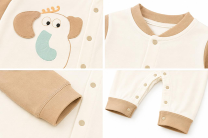 Mocha Pub Baby Romper - Detail shots showing snaps, collar and cuffs